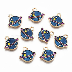 Alloy Enamel Charms, with Rhinestone with Glitter Powder, Cadmium Free & Lead Free, Planet, Light Gold, Blue, 12.5x13.5x2mm, Hole: 1.6mm(ENAM-S126-009-RS)