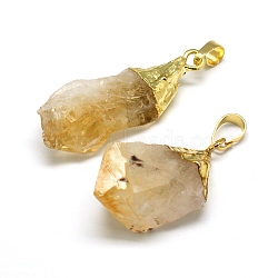 Natural Raw Rough Citrine Pendants, with Golden Plated Brass Findings, Irregular Nuggets, 30~42x12~17x9~17mm, Hole: 7x4mm(G-M040-M08)