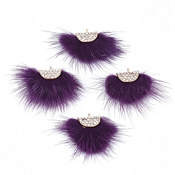 Faux Mink Fur Tassel Pendant Decorations, with Rhinestone and Alloy Findings, Fan, Golden, Purple, 24~28x29~34x8mm, Hole: 1.5mm(FIND-T040-12)