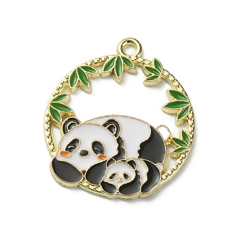 Alloy Enamel Pendants, Flat Round, Light Gold, Panda Pattern, 28x24.5x1.5mm, Hole: 1.8mm