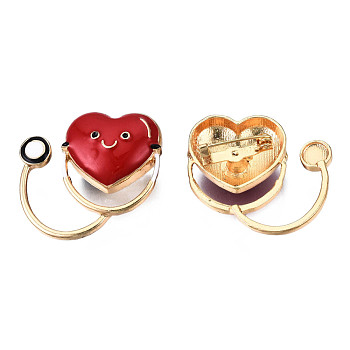 Heart Stethoscope Enamel Pin, Medical Theme Alloy Badge for Backpack Clothes, Light Gold, Nickel Free & Lead Free, Dark Red, 28.5x30mm, Pin: 0.7mm