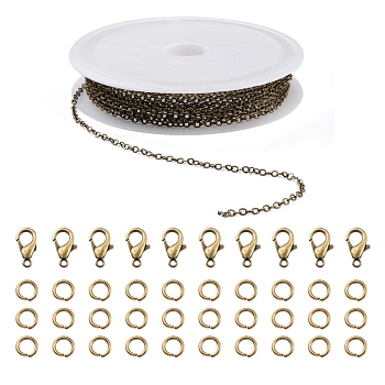 DIY 3m Brass Cable Chain Jewelry Making Kit, with 30Pcs Iron Open Jump Rings with 10Pcs Zinc Alloy Lobster Claw Clasps, Antique Bronze, Chain Link: 2x1.8x0.2mm