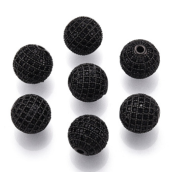 Brass Micro Pave Cubic Zirconia Beads, Round, Black, Gunmetal, 12mm