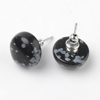 Half Round Dome Natural Snowflake Obsidian Stud Earrings, with Platinum Plated Brass Findings, 18mm, Pin: 0.8mm