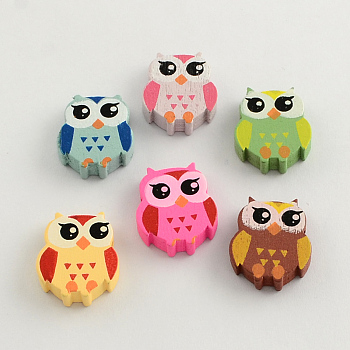 Dyed Natural Wood Beads, Owl, Mixed Color, 21.5x17x5mm, Hole: 2mm
