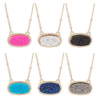 6Pcs 6 Colors Simulated Druzy Resin Oval Pendant Necklaces Set with Alloy Satellite Chains, Mixed Color, 17.99~18.35 inch(45.7~46.6cm), 1pc/color