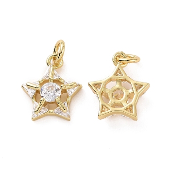 Rack Plating Brass Micro Pave Cubic Zirconia Charms, with Jump Ring, Long-Lasting Plated, Cadmium Free & Lead Free, Star Charm, Real 18K Gold Plated, 14.5x12x4.3mm, Hole: 3mm