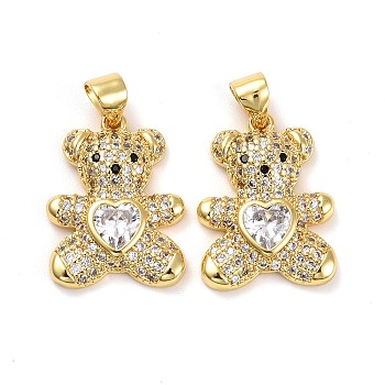Brass Micro Pave Cubic Zirconia Pendants, Real 18K Gold Plated, Lead Free & Cadmium Free, Bear with Heart, White, 19.5x14.5x4mm, Hole: 4x3.5mm