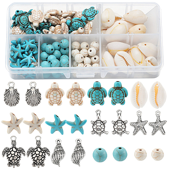 DIY Jewelry Making Finding Kit, Including Turtle & Starfish & Synthetic Germstone Beads, Alloy Pendants, Natural Shell Links Connectors, Antique Silver, 170Pcs/box