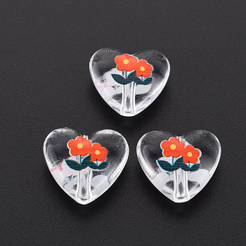 Transparent Printed Acrylic Beads, Heart with Flower, Red, 13.5x15x6.5mm, Hole: 1.8mm