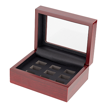 9-Slot Wooden Championship Rings Display Case Box, Glass Visible Window Rings Organizer Showcase, Dark Red, 16x12x7.1cm, Grid: 1.8x2.6cm