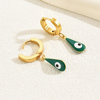 Vintage Minimalist Devil Eye Drop Hoop Earrings, 18K Gold Plated, Fashionable Pair.