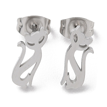 304 Stainless Steel Stud Earrings, Cat, Stainless Steel Color, 12x5mm