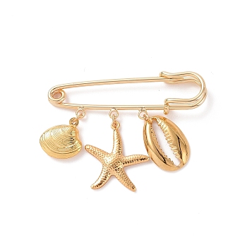 304 Stainless Steel Shell & Starfish Charms Safety Pin Brooch, Brass Sweater Shawl Clips for Waist Pants Extender Clothes Dresses Decorations, Golden, 40x50x7mm, Pin: .5mm