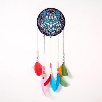 DIY Diamond Painting Hanging Woven Net/Web with Feather Pendant Kits, Including Acrylic Plate, Pen, Tray, Bells and Random Color Feather, Wind Chime Crafts for Home Decor, Wolf Pattern, 400x146mm