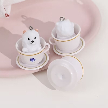 Opaque Resin Puppy Pendants, Cute Dog in Tea Cup Charms, with Platinum Tone Iron Loops, WhiteSmoke, 31~32.5x28x26mm, Hole: 2mm