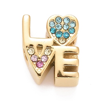 304 Stainless Steel European Beads, with Colorful Rhinestone, Large Hole Beads, Word Love, Golden, 12.5x11x7.5mm, Hole: 5mm