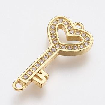 Brass Micro Pave Cubic Zirconia Links, Key, Golden, 24x11.5x2mm, Hole: 1.2mm