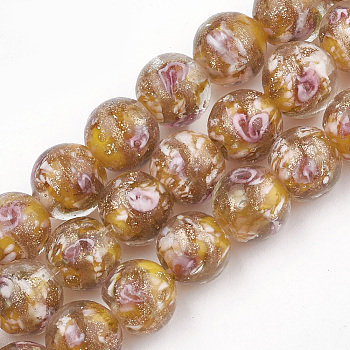 Handmade Gold Sand Lampwork Beads, Inner Flower, Round, Orange, 10~10.5x9~10mm, Hole: 1.5~2mm