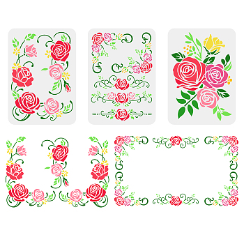 3Pcs 3 Styles PET Hollow Out Drawing Painting Stencils, for DIY Scrapbook, Photo Album, Rose Pattern, 297x210mm, 1pc/style