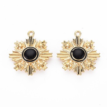 Brass Connector Charms, with Black Enamel, Nickel Free, Flower, Real 18K Gold Plated, 29x25.5x3.5mm, Hole: 2mm