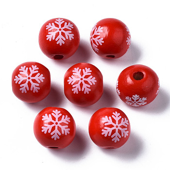Painted Natural Wood European Beads, Large Hole Beads, Printed, Christmas, Round with Snowflake, Red, 16x15mm, Hole: 4mm