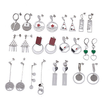 Mixed Style 304 Stainless Steel Dangle Earrings, with Enamel or Cubic Zirconia, Mixed Shapes, Stainless Steel Color, 30~86mm, Pin: 0.6~0.7mm