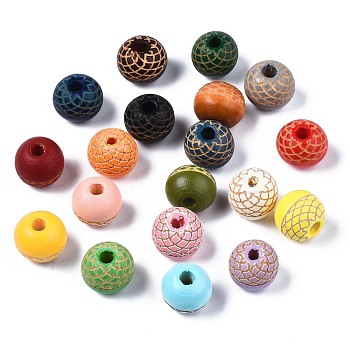 Painted Natural Wood Beads, Laser Engraved Pattern, Round, Mixed Color, 10x9mm, Hole: 2.5mm