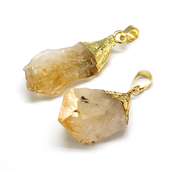 Natural Raw Rough Citrine Pendants, with Golden Plated Brass Findings, Irregular Nuggets, 30~42x12~17x9~17mm, Hole: 7x4mm
