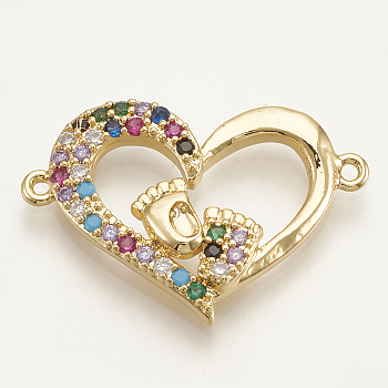 Brass Micro Pave Cubic Zirconia Links, Heart with Footed, Colorful, Golden, 18x26.5x3.5mm, Hole: 1.2mm