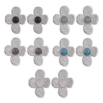 Natural Mixed Gemstone Flower Stud Earrings, Ion Plating(IP) 304 Stainless Steel Earrings for Women, Silver, 33x26.5mm