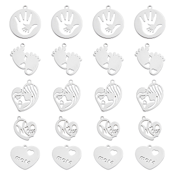 SUNNYCLUE 20Pcs 5 Style Mother's Day 304 Stainless Steel Pendants, Mix-shped, Stainless Steel Color, 18~25x17~21.5x1.5mm, Hole: 1.6~2mm, 4pcs/style