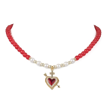 Heart Brass Cubic Zirconia Pendant Necklace, with Dyed Natural Malaysia Jade & Shell Pearl Beaded, Red, 15.59 inch(39.6cm)
