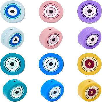 12Pcs 6 Colors Silicone Tooth Gel Beads, Teethers, Baby Toy, Flat Round with Evil Eye, Mixed Color, 20x10mm, Hole: 2.5mm, 2pcs/color