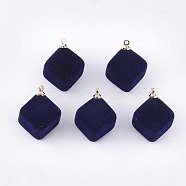 Flocky Acrylic Pendants, with Brass Findings, Cube, Golden, Prussian Blue, 24x17.5x17mm, Hole: 1.6mm(FIND-T046-30-03)
