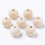 Unfinished Natural Wood European Beads, Large Hole Beads, for DIY Painting Craft, Laser Engraved Pattern, Round with Elephant Pattern, Antique White, 16x14.5mm, Hole: 4mm(WOOD-S057-003A)