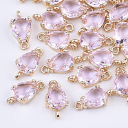 Transparent Glass Links connectors, with Brass Findings, Faceted, Teardrop, Light Gold, Pearl Pink, 13x7x3.5mm, Hole: 1.2mm(GLAA-T007-18G)