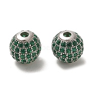 Rhodium Plated 925 Sterling Silver Micro Pave Cubic Zirconia Beads, Round, Real Platinum Plated, Sea Green, 10x9mm, Hole: 2.2mm(STER-H110-24C-03P)