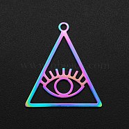 Ion Plating(IP) 201 Stainless Steel Pendants, Laser Cut, Hollow, Triangle with Eye, Rainbow Color, 30x26.5x1mm, Hole: 2mm(STAS-N090-LA008-3)