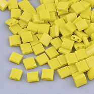 2-Hole Glass Seed Beads, Opaque Colours, Square, Yellow, 5x4.5~5.5x2~2.5mm, Hole: 0.5~0.8mm, about 1180pcs/bag(SEED-S031-L-042)