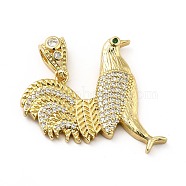 Brass Micro Pave Cubic Zirconia Pendants, Long-Lasting Plated, Real 18K Gold Plated, Rooster, Clear, 27.5x30.5x4mm, Hole: 7.5x4.5mm(KK-H433-23G)