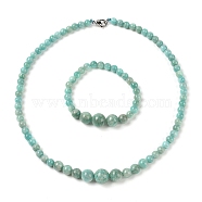 Natural Amazonite Round Beads Bracelets & Necklaces Sets, with 304 Stainless Steel Clasps, 18.70 inch(475mm)(SJEW-L132-19)