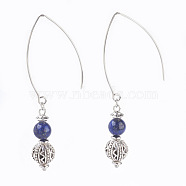 Natural Lapis Lazuli Beads Dangle Earrings, with Alloy Findings and 304 Stainless Steel Earring Hooks, Round, Stainless Steel Color & Antique Silver, 72mm, Pendant: 32x8mm, Pin: 0.7mm(EJEW-JE02811-03)