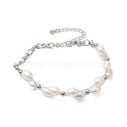 Natural Cultured Freshwater Pearl Bracelets, with 304 Stainless Steel Figaro Chains, Seashell Color, 7-3/4 inch(19.8cm)(BJEW-JB10387)