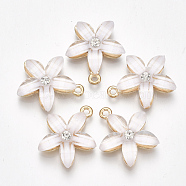 Alloy Pendants, with Resin and Rhinestone, Flower, Crystal, Light Gold, White, 21.5x18.5x5mm, Hole: 1.5mm(X-PALLOY-S177-01E)