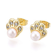 Footprint Brass Natural Pearl Stud Earrings, with 925 Sterling Silver Pins & Clear Cubic Zirconia, Real 18K Gold Plated, 10.5x10.2mm, Pin: 0.7mm, Pearl: 6mm(PEAR-N020-05W)