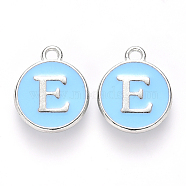 Platinum Plated Alloy Enamel Charms, Cadmium Free & Lead Free, Enamelled Sequins, Flat Round with Letter, Letter.E, 14x12x2mm, Hole: 1.5mm(X-ENAM-S118-04E-P)