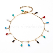 304 Stainless Steel Teardrop Charm Anklets, with Enamel and Bar Link Chains, Colorful, Golden, 9-7/8 inch(25cm)(AJEW-AN00385)