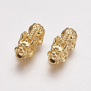 Feng Shui Real 24K Gold Plated Alloy Beads, Pixiu with Chinese Character Cai, 15x7x7mm, Hole: 2mm(X-PALLOY-L205-06C)