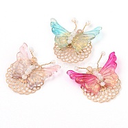 Handmade Glitter Powder Glass Wire Wrapped Pendants, with Golden Plated Brass Filigree Pendants, Butterfly with Flat Round, Mixed Color, 30x36x7mm, Hole: 1.6mm(PALLOY-JF00458)